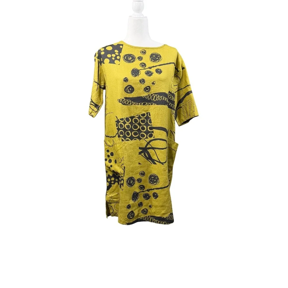 Chalet et Ceci Tunic Dress Womens XS Green Abstract Print Lagenlook Linen